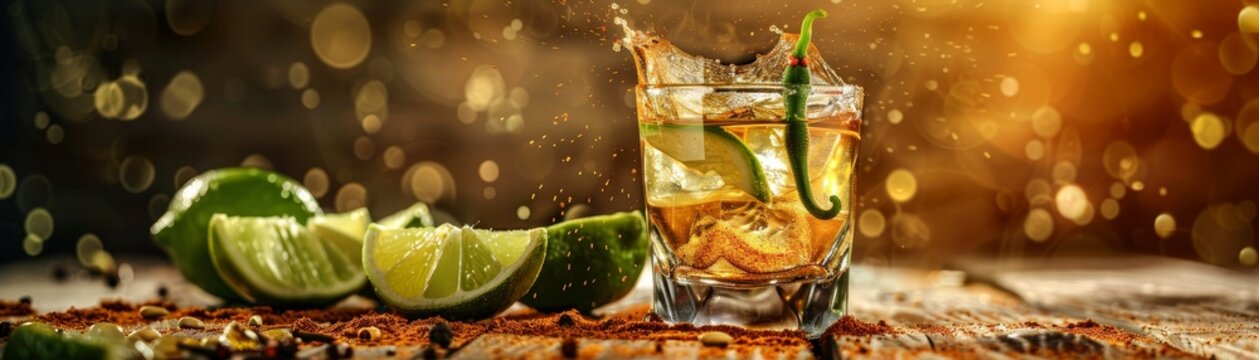 Tequila with a worm, shot glass ready, festive Mexican cantina