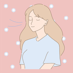 Young woman taking breath of fresh air, feeling relaxed, breathing deep exhaling, inhaling scent of flowers. Hand drawn flat cartoon character vector illustration.