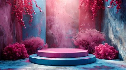 Arrière plan rose et bleu avec présentoir pour des produits avec un rendu 3 D. Plate-forme vide avec podium pour cosmétique, bijoux, maquette ou autres objets.