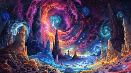 Vivid fantasy landscape with colorful swirling galaxies, alien rock formations, and a vibrant cosmic sky full of mystery and wonder.