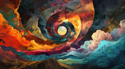 Abstract swirling vibrant colors forming a hypnotic spiral pattern, blending elements of nature and sky in a surreal, dreamy landscape.
