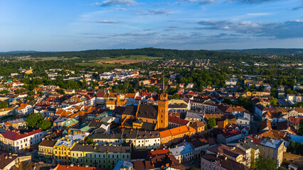 Picturesque cityscape of Old Town Cathedral and market square in Tarnow, Lesser Poland. Aerial drone view
