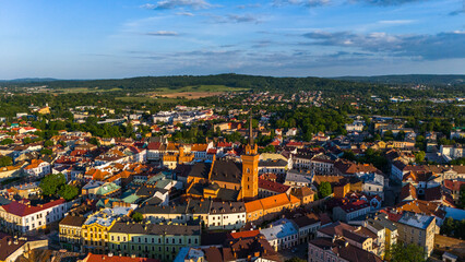 Obraz premium Picturesque cityscape of Old Town Cathedral and market square in Tarnow, Lesser Poland. Aerial drone view