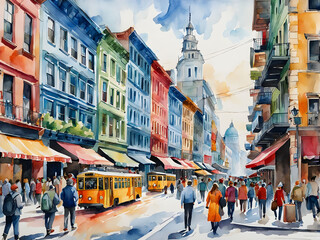 Obraz premium Lively cityscape with colorful buildings