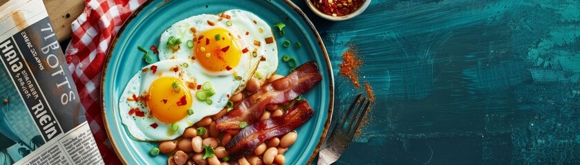 Obraz premium Traditional English breakfast served on a classic blue ceramic plate, sunny side up eggs, bacon, beans, and sausages, morning newspaper beside, cozy diner feel