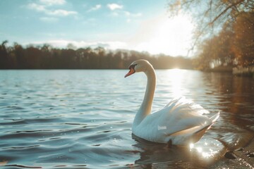 Fototapeta premium Elegant Swan Gliding on Tranquil Waters Bathed in the Golden Glow of Sunlight in a Beautiful Close-Up