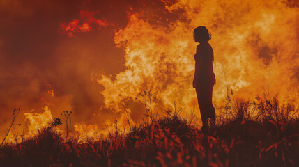 A woman stands in the middle of a field of fire.