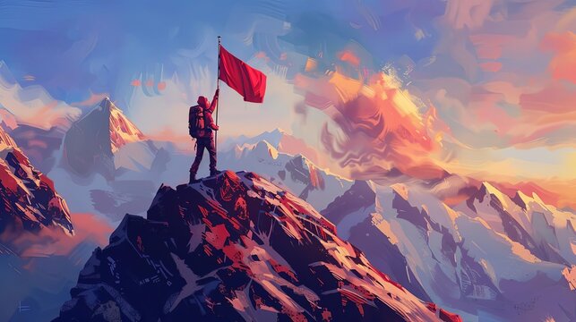 determined hiker reaching mountain summit with flag overcoming challenges digital painting