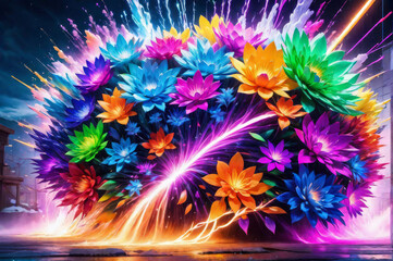 Colorful neon explosions turn into flowers.
