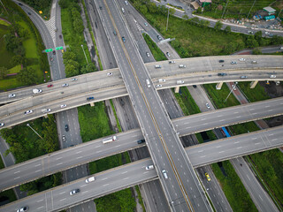 Aerial transport asphalt city junction road green tree forest park