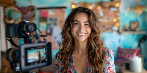 Influencer girl creating captivating social media content showcasing her vibrant lifestyle. Concept Influencer Marketing, Lifestyle Content, Social Media Presence, Personal Branding