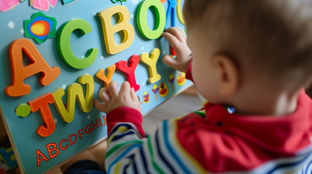 The kid is learning letters. The kid collects words on a magnetic board made of colorful letters. Early development of the child
