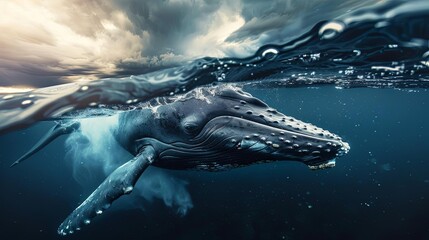 dramatic cinematic portrait of a majestic whale breaching the ocean surface powerful wildlife photography concept