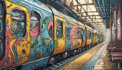 graffiti on the subway train,  Illustration art design