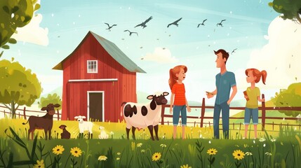 Farm Life: Illustrate a family visiting a farm, interacting with animals and learning about sustainable farming practices, highlighting education and rural life.