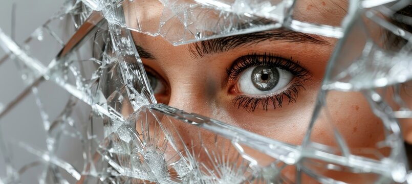 Woman in contemplation, deeply reflecting on her own appearance in a shard of broken mirror