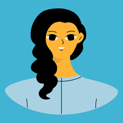 Positive emotions concept. Cartoon cute girlish face. Woman with happy smile. Isolated vector character.