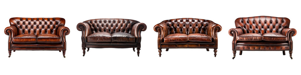 Collection set of Antique leather sofa isolated on transparent background