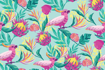 Tropical seamless pattern with protea, strelitzia flowers, jungles leaves, parrot, pomegranate, leopard spots on blue background. Floral textile tropical ornament. Exotic wrapping paper
