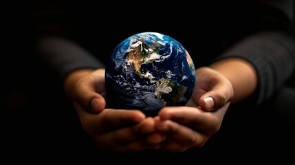 earth in hands on black background symbolic aigenerated environmental protection concept art