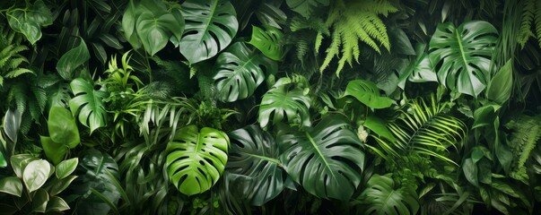 Lush green tropical foliage background with various leaves creating a vibrant and dense jungle atmosphere perfect for nature and botanical themes.