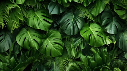 Fototapeta premium Lush green tropical foliage featuring monstera and fern leaves, perfect for natural background or botanical themes.