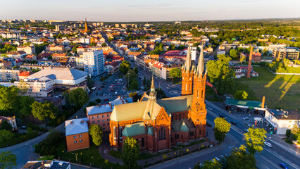 Aerial drone view of Tarnow townscape , Poland. Church of Holy Family.