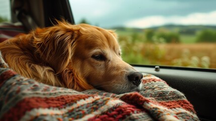 A dog nestled amongst blankets in the backseat, gazing out at a rolling green countryside landscape with a satisfied and peaceful expression.