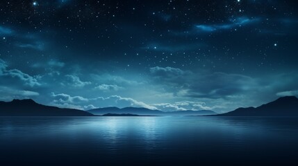 Fototapeta premium Stunning night sky over a calm lake, with stars reflecting on water and mountains silhouetted in the distance, serene and tranquil scene.