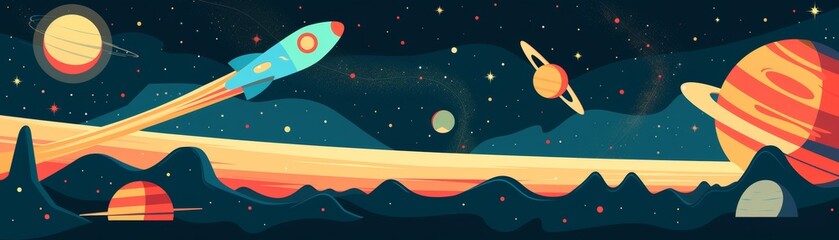 The rocketship is taking off from the launch pad. The sky is full of stars and planets. The scene is very colorful and looks like it is from a science fiction movie.