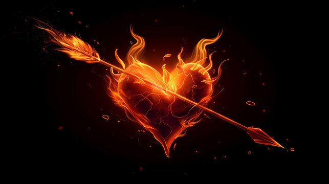 Heart arrow with fire on black background. Illustration