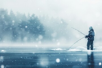 illustration of a fisherman fishing in winter