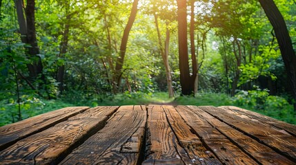empty wooden table in green forest outdoor nature activity mockup background
