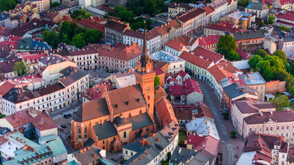 Aerial drone view of Tarnow townscape , Poland. Cathedral church of  of Holy Family and Market Square Town Hall.