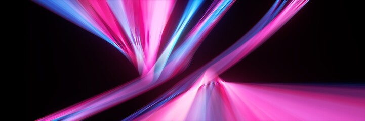 3d render illustration of abstract neon background. Fluorescent wavy lines glowing in the dark room with floor reflection. Virtual dynamic ribbon. Fantastic panoramic wallpaper. Energy concept.