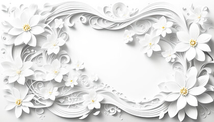 Rahmen hell aus floralen natürlichen Ornamenten kurvige Wellen in weiß mit Frühling Blumen Blüten weißer leerer Hintergrund freie Fläche zur Deko Vorlage Einladung Hochzeit Valentin