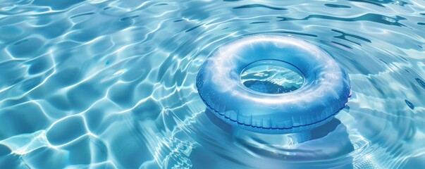 A blue pool with a blue float in it. The pool is full of water and the float is floating on top