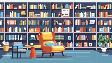 A large library with many bookshelves and a comfortable reading chair.