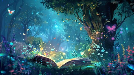 enchanting fairy tale book cover with magical forest and whimsical characters childrens literature concept ai generated illustration