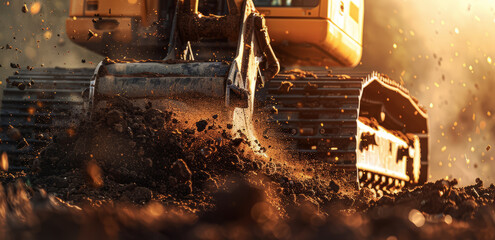 close up of the excavator's teeth is moving dirt and grass, 