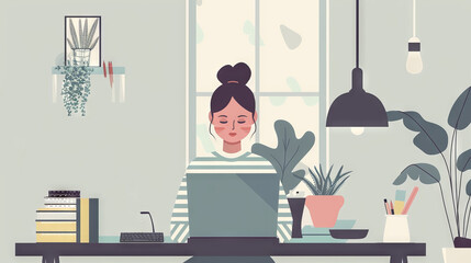 Fototapeta premium A woman is sitting at her desk, working on her laptop. She is surrounded by plants and has a peaceful expression on her face. The image is in a soft, muted color palette.