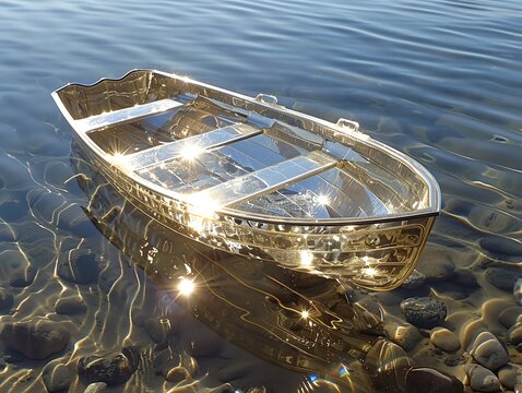 A boat made of glass, shimmering on a crystalclear lake