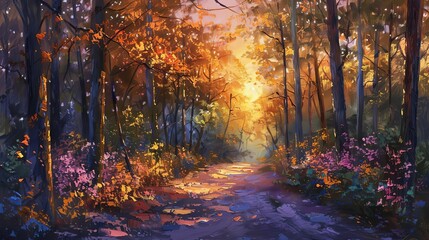 enchanting forest landscape illuminated by vibrant sunset colors impressionistic oil painting