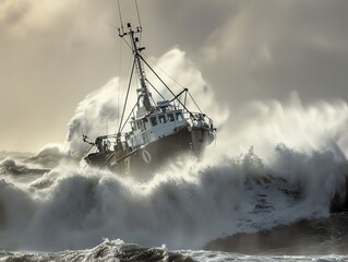 Obraz premium A fishing trawler battling against high waves in a storm