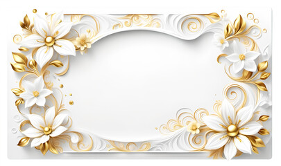 Rahmen hell aus floralen natürlichen Ornamenten kurvige Wellen in Gold weiß mit Frühling Blumen Blüten weißer leerer Hintergrund freie Fläche zur Deko Vorlage Einladung Hochzeit Valentin