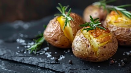 Delicious baked potatoes with rosemary on slate plate