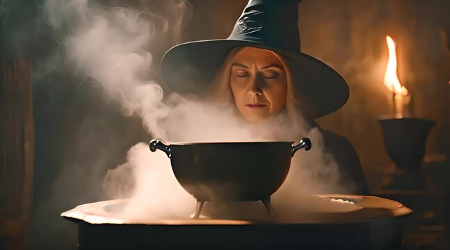 halloween young witch with cauldron mixing the spells