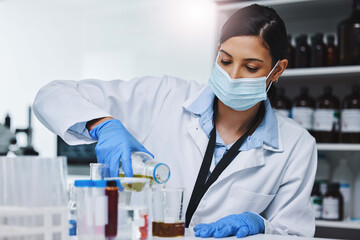 Woman, scientist and chemistry experiment in lab with liquid for medical research, study and...