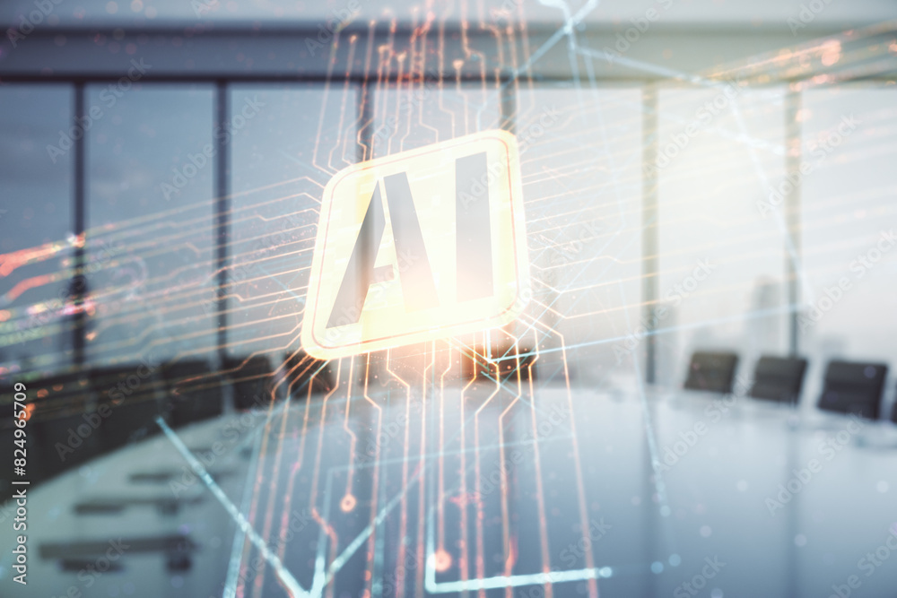 Poster double exposure of creative artificial intelligence icon on a modern meeting room background. neural