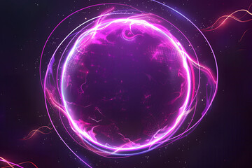 Obraz premium Abstract neon energy sphere of particles and waves of magical glowing on a dark background, circle and loop frames with magic purple and pink flame and sparks isolated on transparent,&nbsp;
